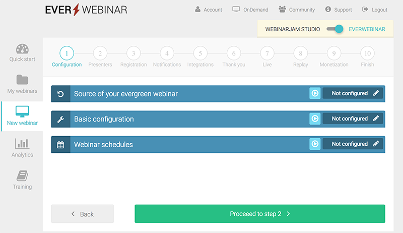 EverWebinar configuration settings for new webinars.