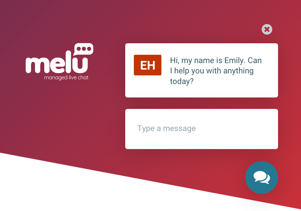Melu live chat interface displaying a conversation prompt.