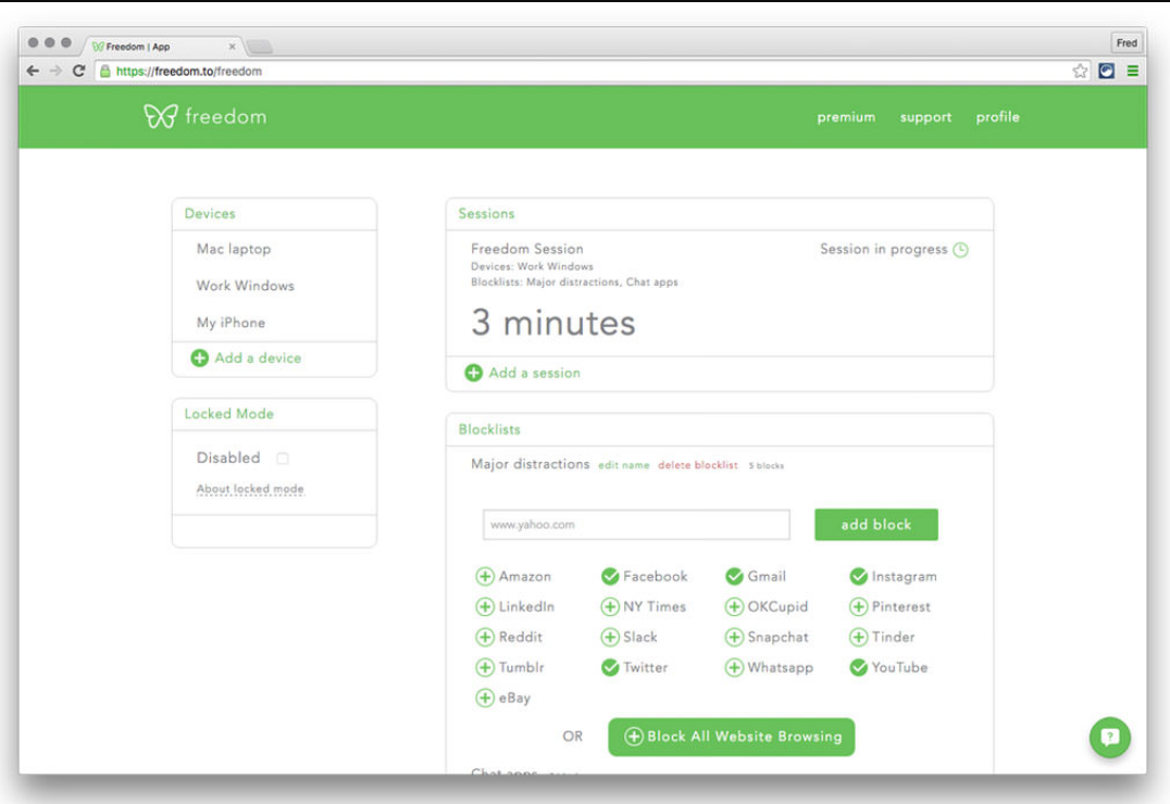 Freedom app interface showing active session and blocked websites.