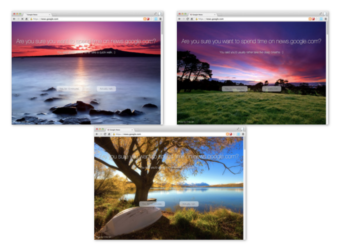 Google Chrome new tab page options displaying scenic backgrounds with time-spent prompts.