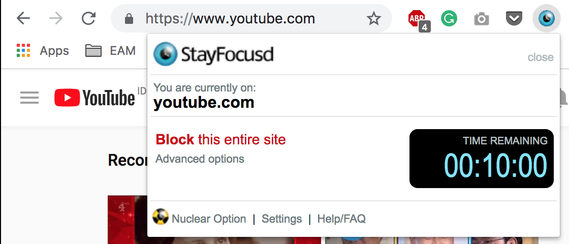 StayFocusd showing timer for blocking youtube.com.