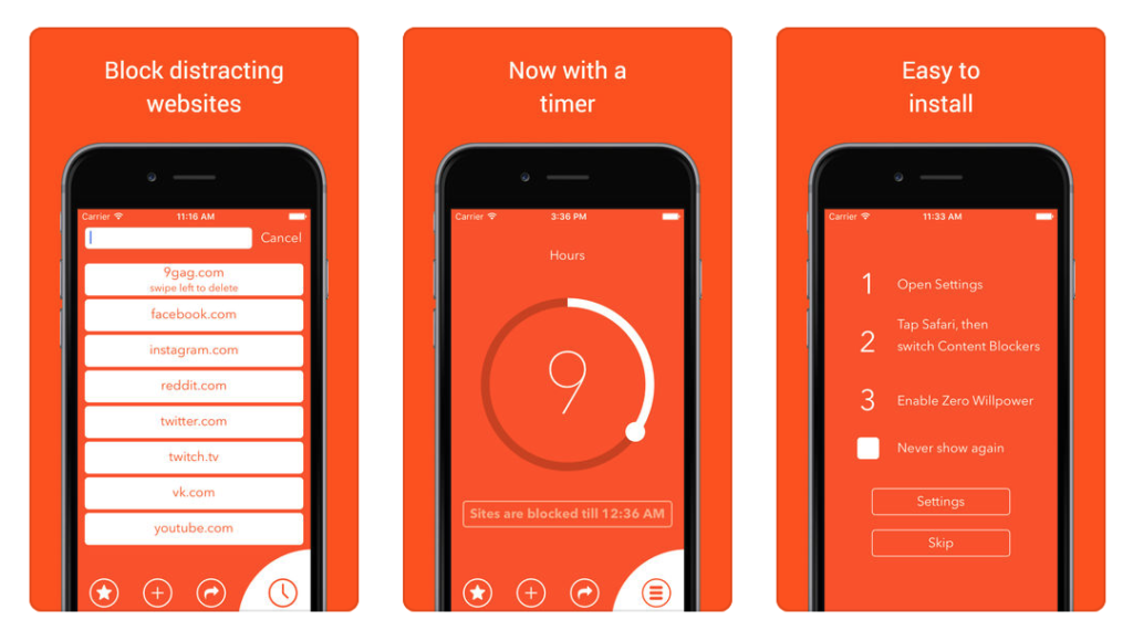 Zero Willpower settings screens showing website blocking features and timer function.