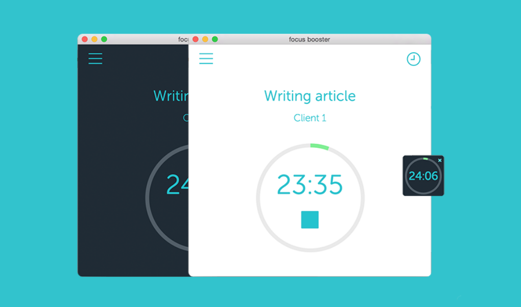 Focus Booster showing the timer interface with Pomodoro technique features.