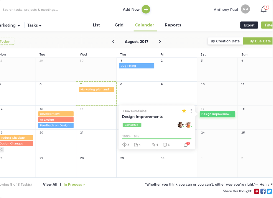 nTask calendar view displaying tasks and deadlines for August 2017.