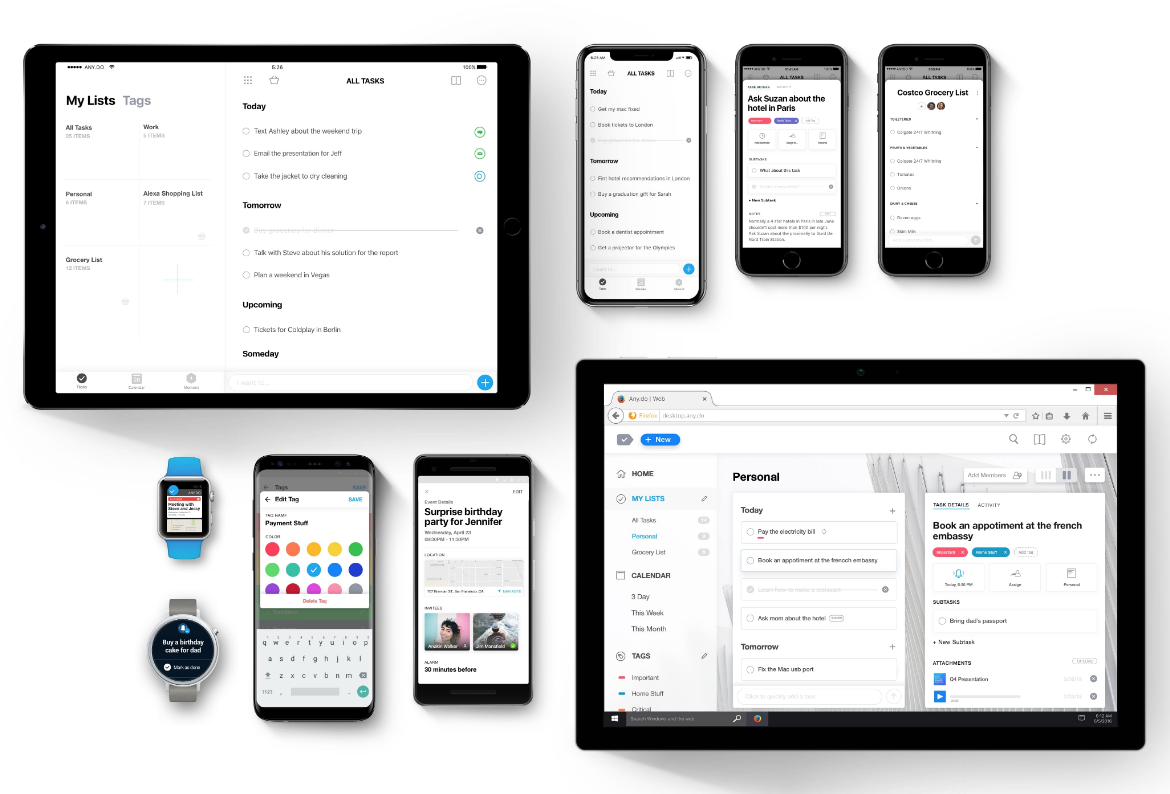 Todoist showing task management features across multiple devices.