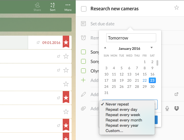 Todoist task manager showing the repeat task options in the calendar.