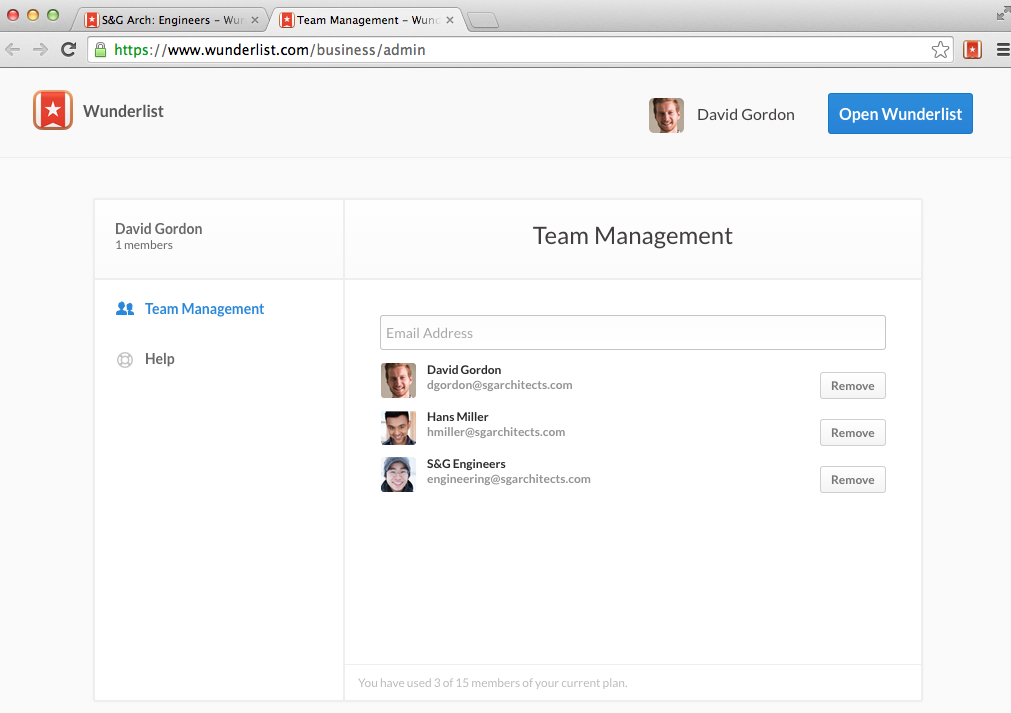 Wunderlist team management interface displaying user assignment options.