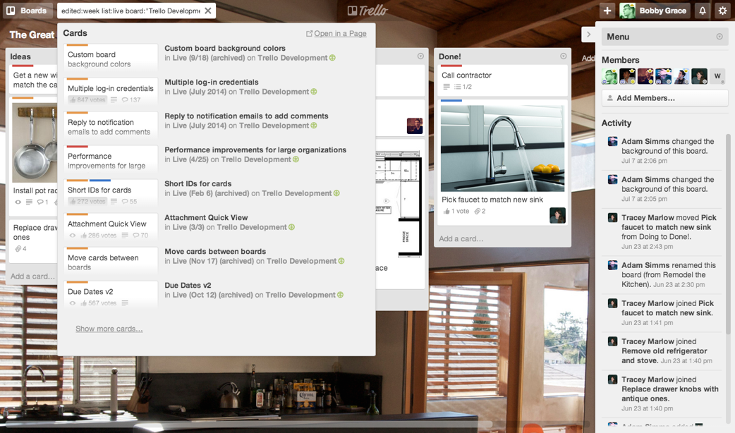 Trello Kanban board displaying task organization across different statuses.