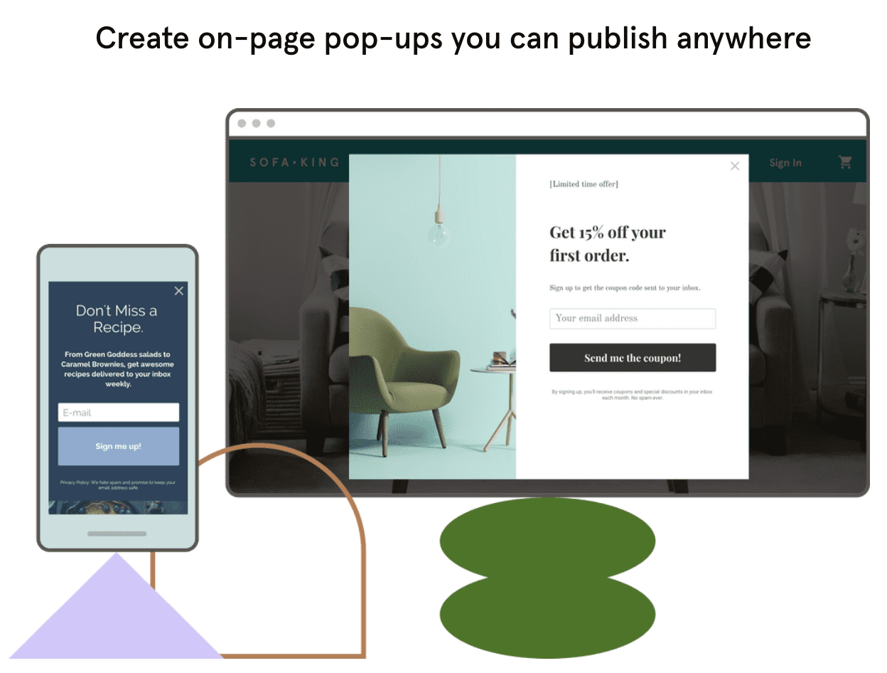 Leadpages pop-ups showcasing options for user engagement on various devices.