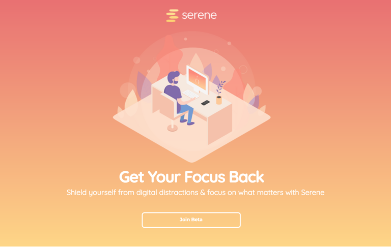 Serene landing page promoting focus and distraction-free work environment.