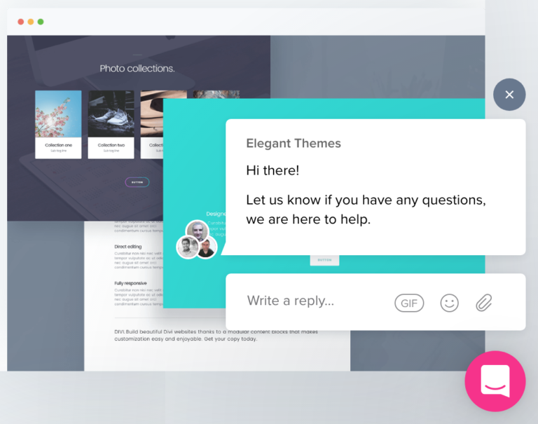 Elegant Themes live chat feature displaying a conversation window.
