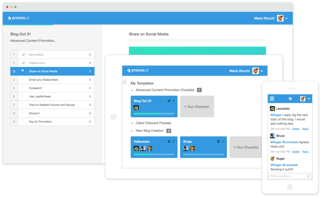 Process.st showing a checklist for sharing on social media.