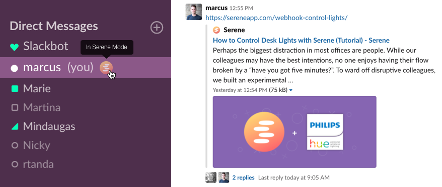 Serene integration with Slack showing a status update feature.
