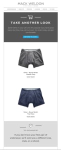 Mack Weldon email marketing showcasing cart-based product recommendations.