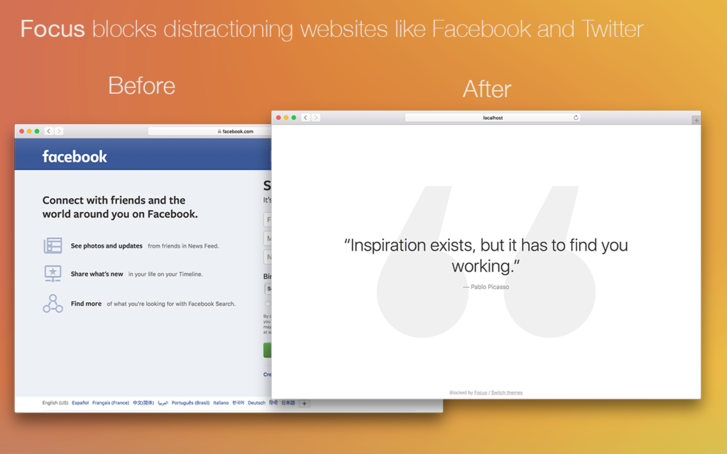 Focus showing website blocking before and after with Facebook and motivational quote.