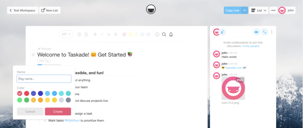 Taskade workspace showing task creation and collaboration features.