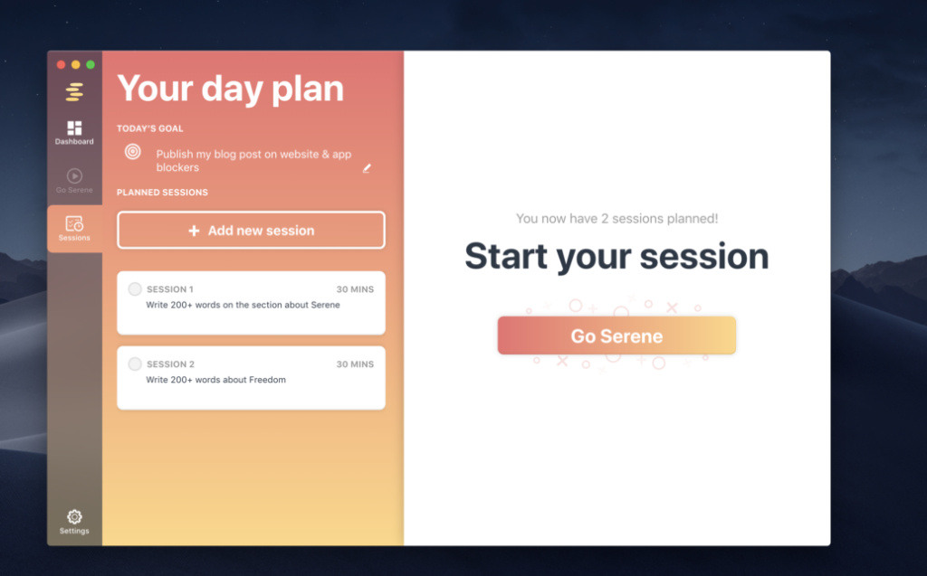 Serene task management tool showing planned sessions for productivity.