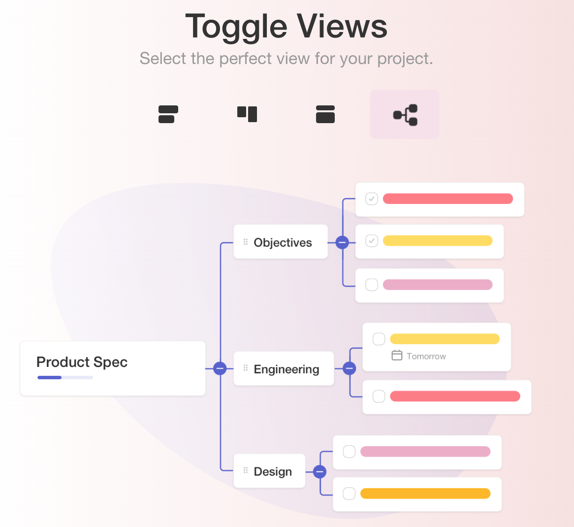 Taskade view toggling options for project management.