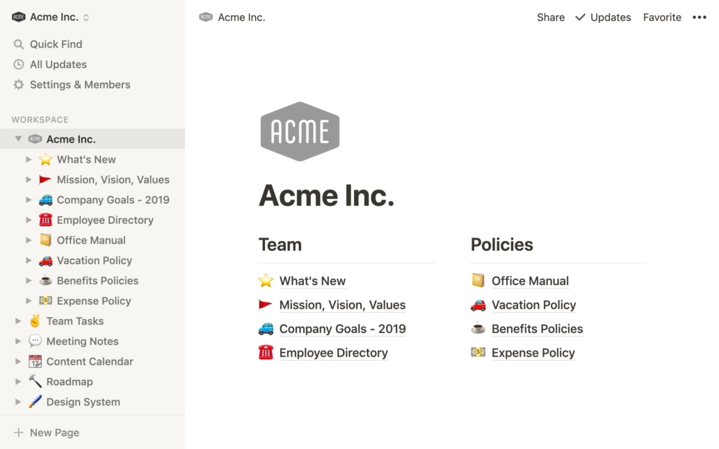 Notion workspace showcasing team and policy organization.