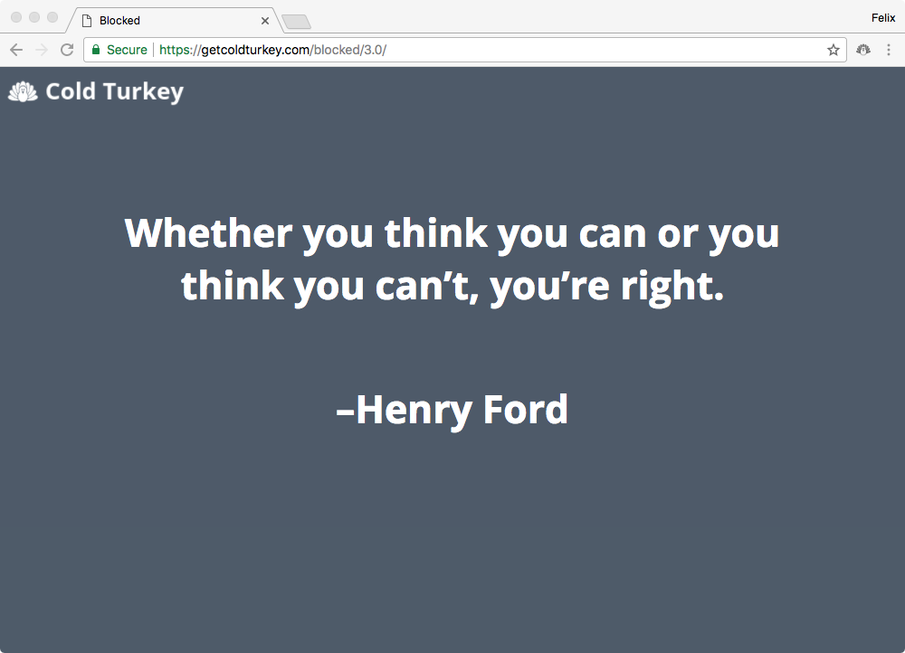 Cold Turkey blocked page displaying motivational quote by Henry Ford.
