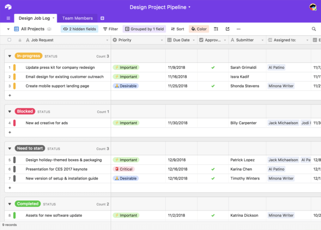Airtable interface showcasing a design project pipeline with task statuses.