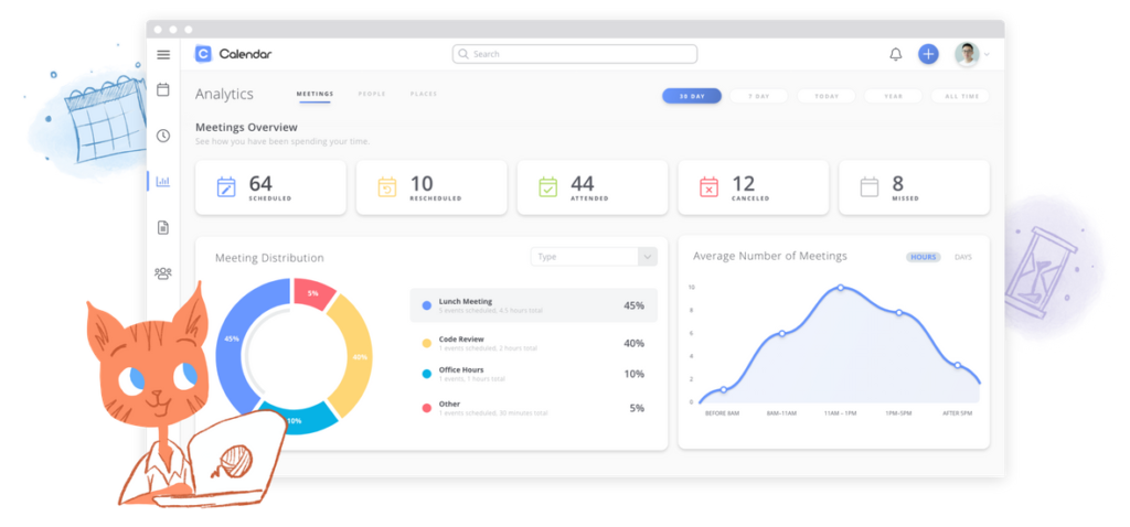 Calendar analytics dashboard displaying meeting statistics and distribution.