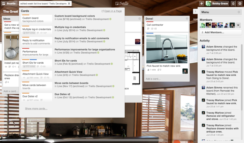 Trello dashboard showing card details and board layout for task management.