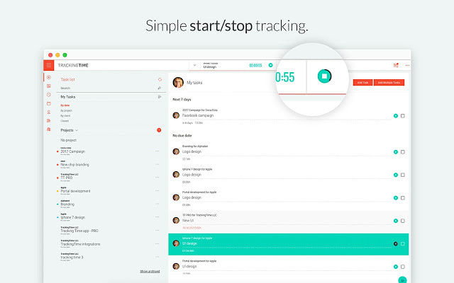 TrackingTime task management interface showing simple start/stop time tracking.