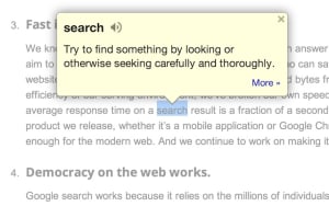 Google Dictionary Chrome extension highlighting a word with its definition.