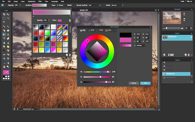 Pixlr color selection tool showing color palette and adjustments.