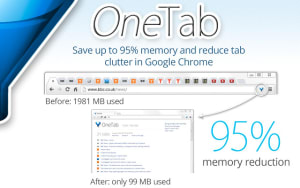 OneTab showing before and after memory usage statistics.