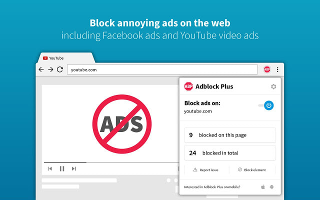 Adblock Plus showing ad blocking statistics on YouTube.