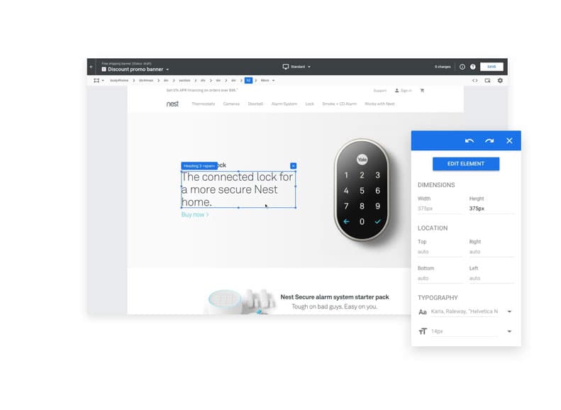 Nest editor interface displaying a connected lock promotion.