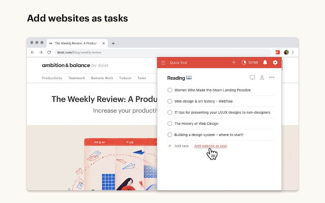 Todoist showing the addition of websites as tasks.