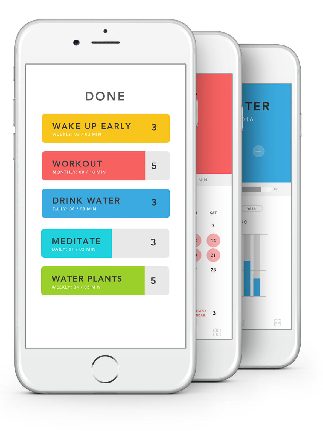 Done app showing a progress tracker for daily activities.