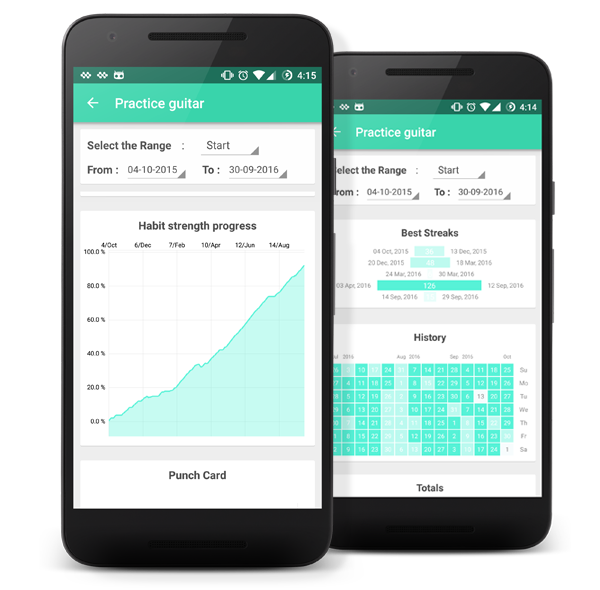 Habit tracking app showing progress over time with a habit strength chart.