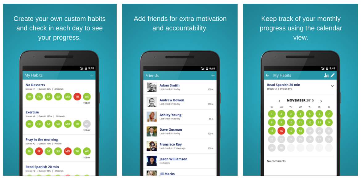 Habitshare showing custom habits, friend interactions, and monthly progress tracking.