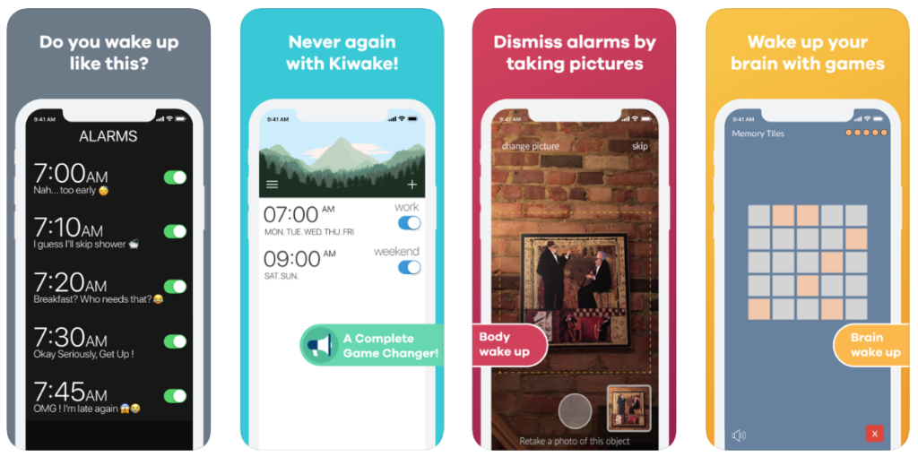 Kiwake app showing alarm options and wake-up features.