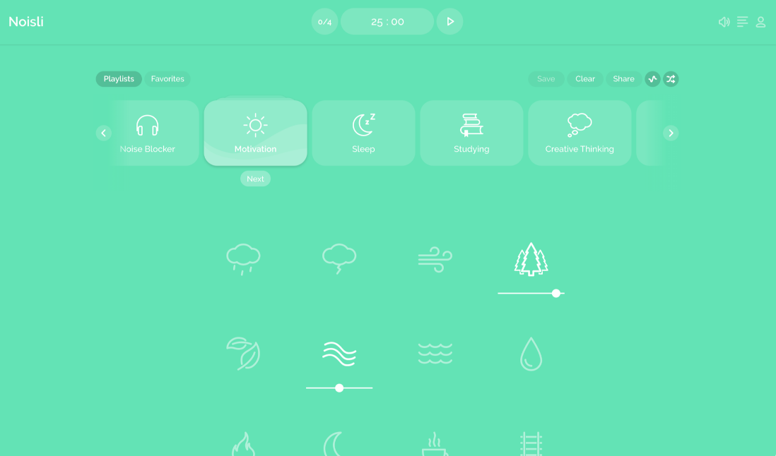 Noisli interface showing sound mixing options for relaxation and productivity.