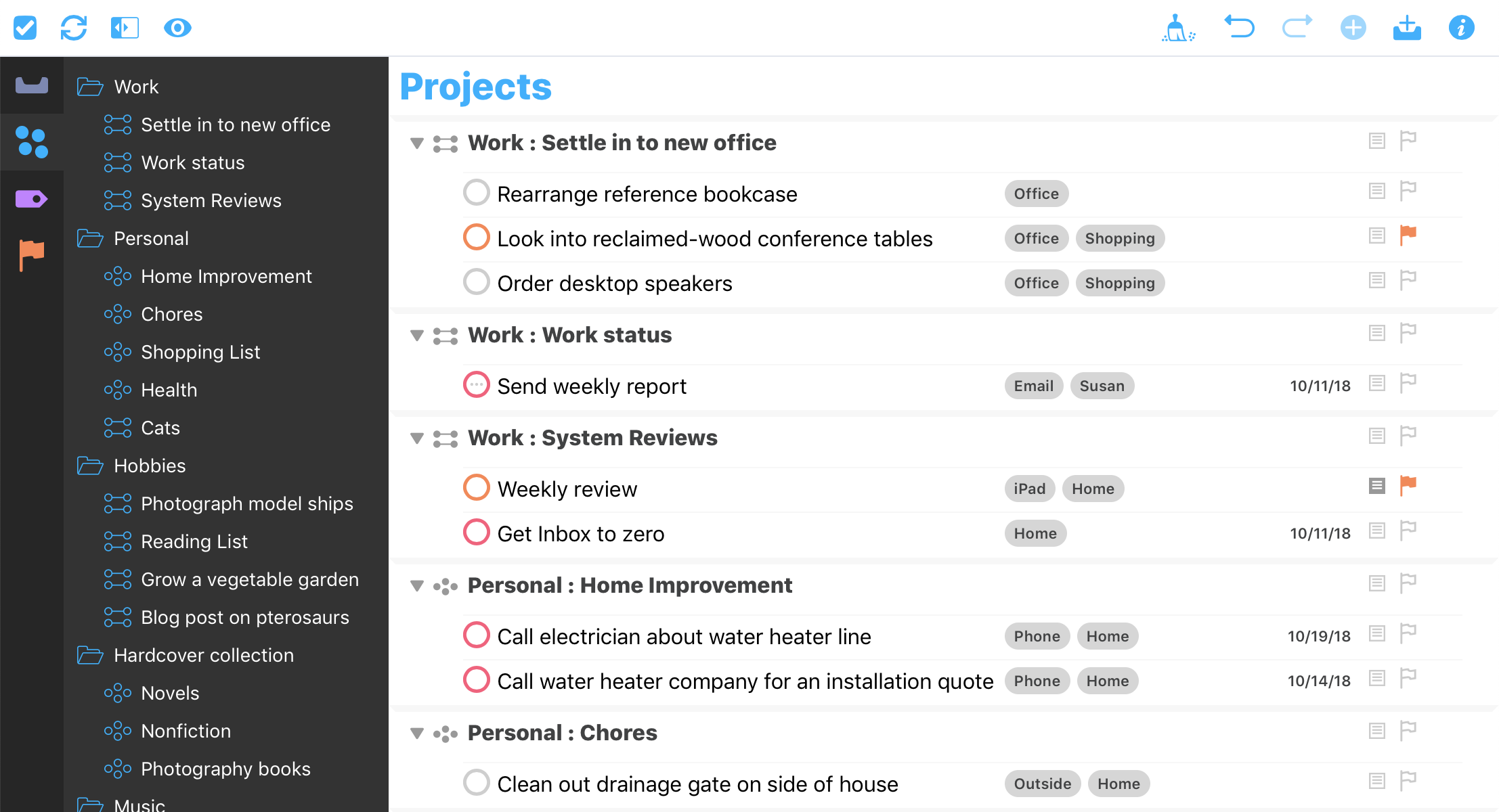 OmniFocus task management interface displaying project organization.