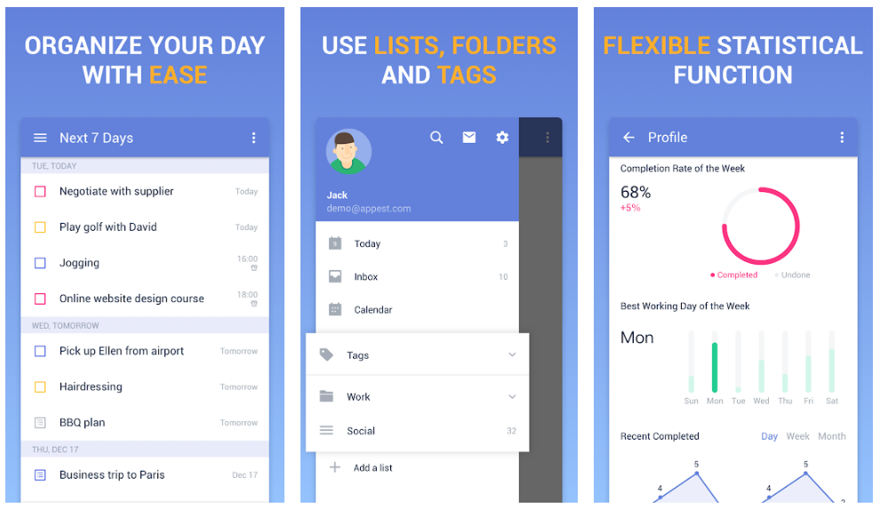 TickTick interface showing task management features and user profile.