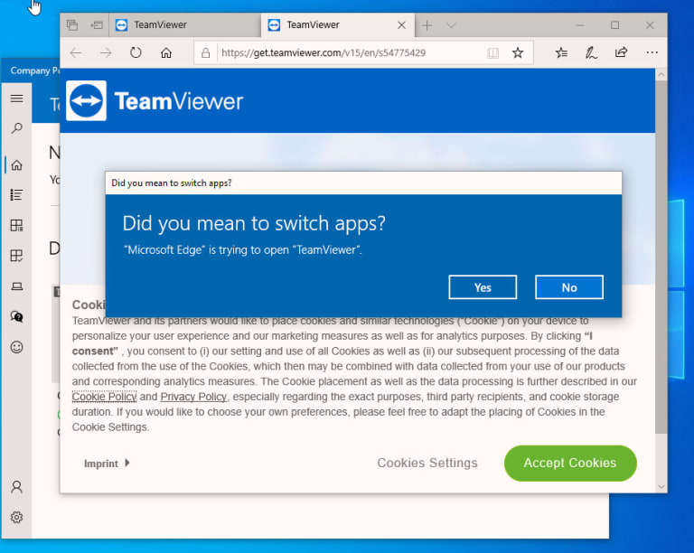 TeamViewer interface displaying a prompt to switch apps.