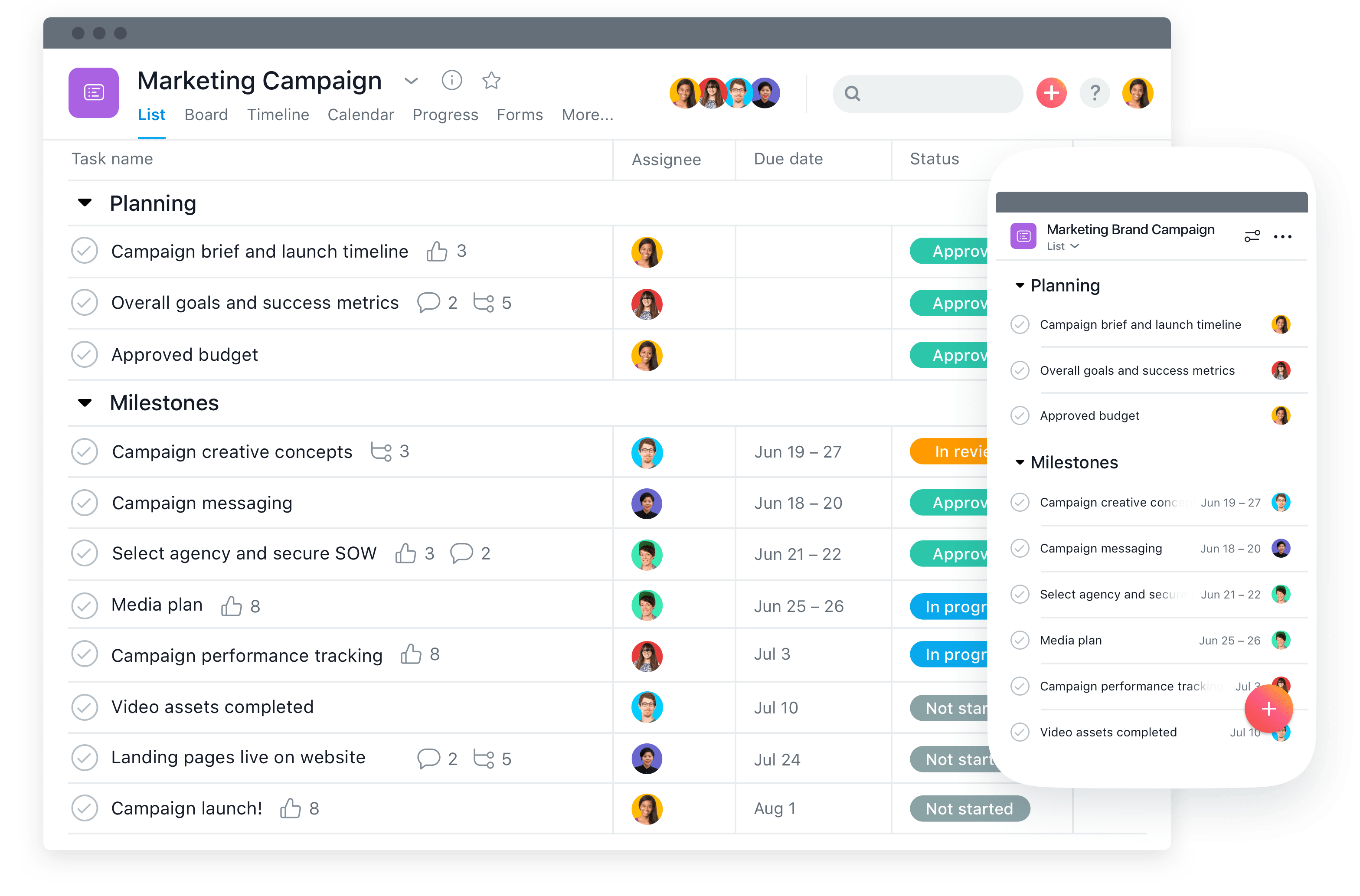 Asana project management tool displaying a marketing campaign board with tasks and timelines.