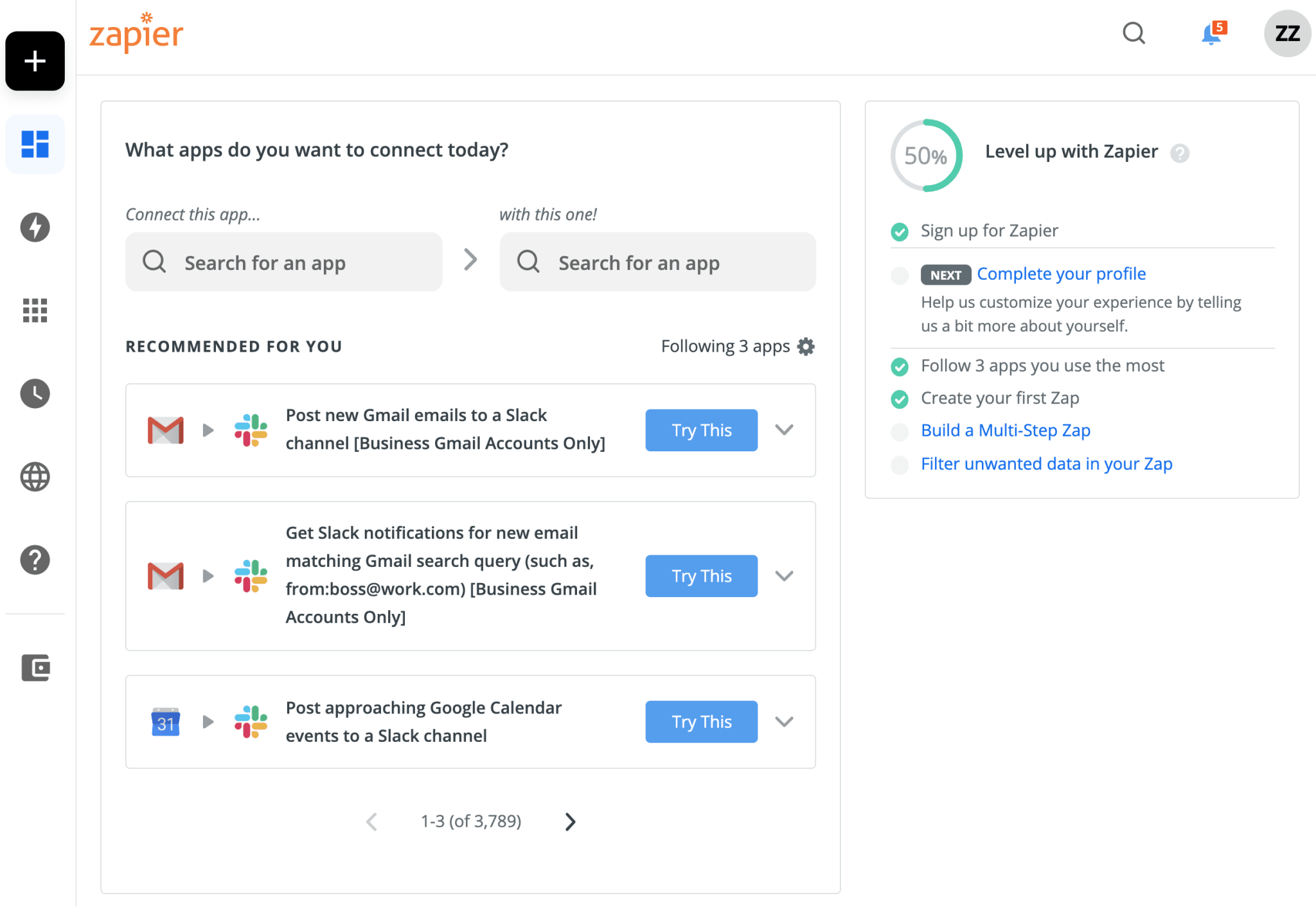 Zapier app recommending Gmail and Slack integrations for automation tasks.