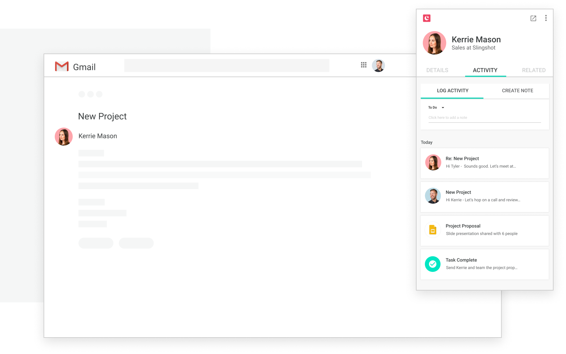 Copper CRM showing integration with Gmail and activity log.
