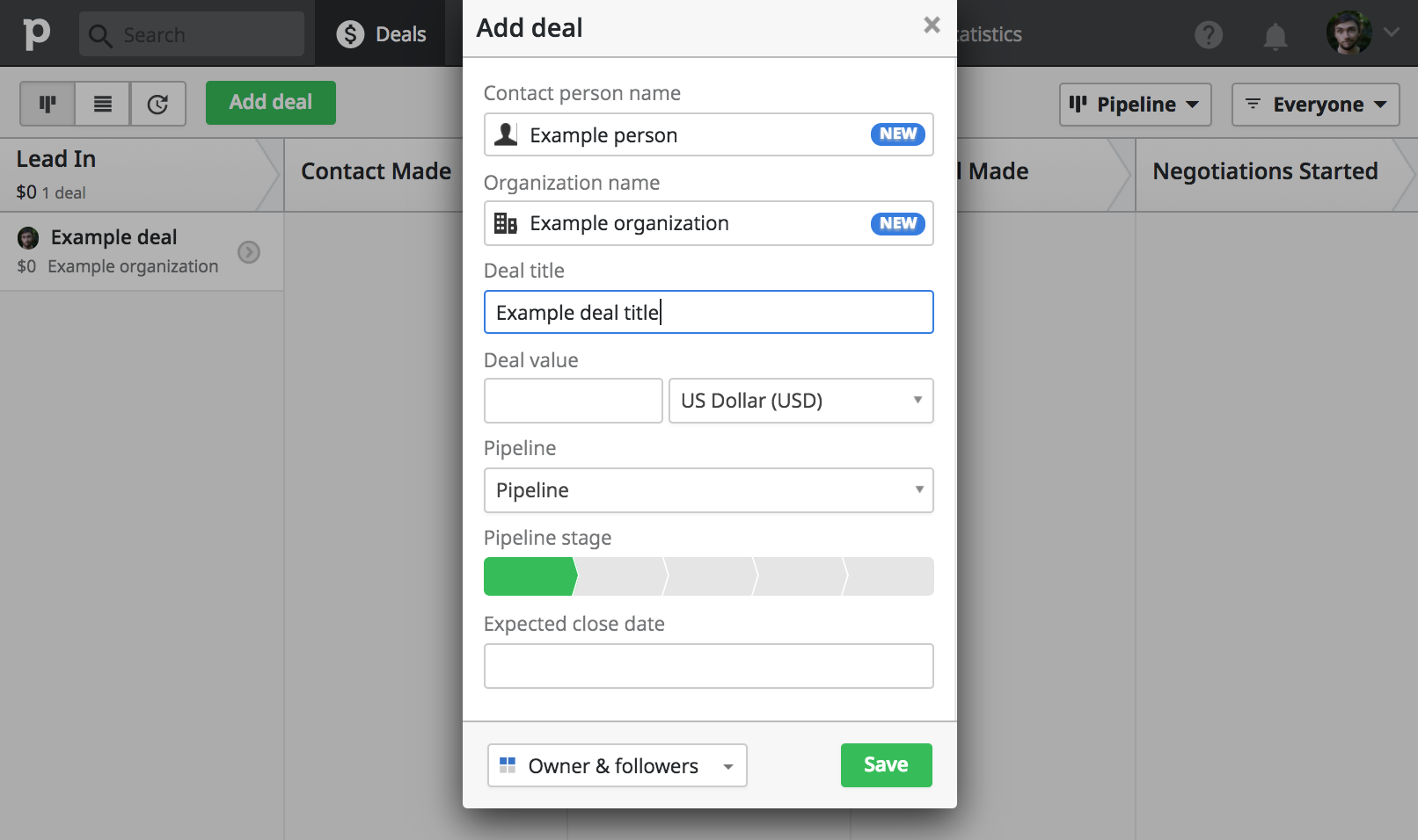 Pipedrive add deal dialogue showing deal details entry.
