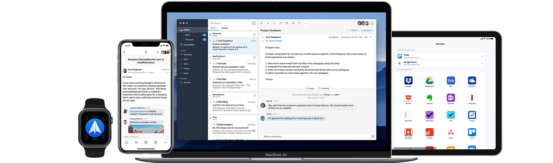 Spark showing its interface across multiple devices.