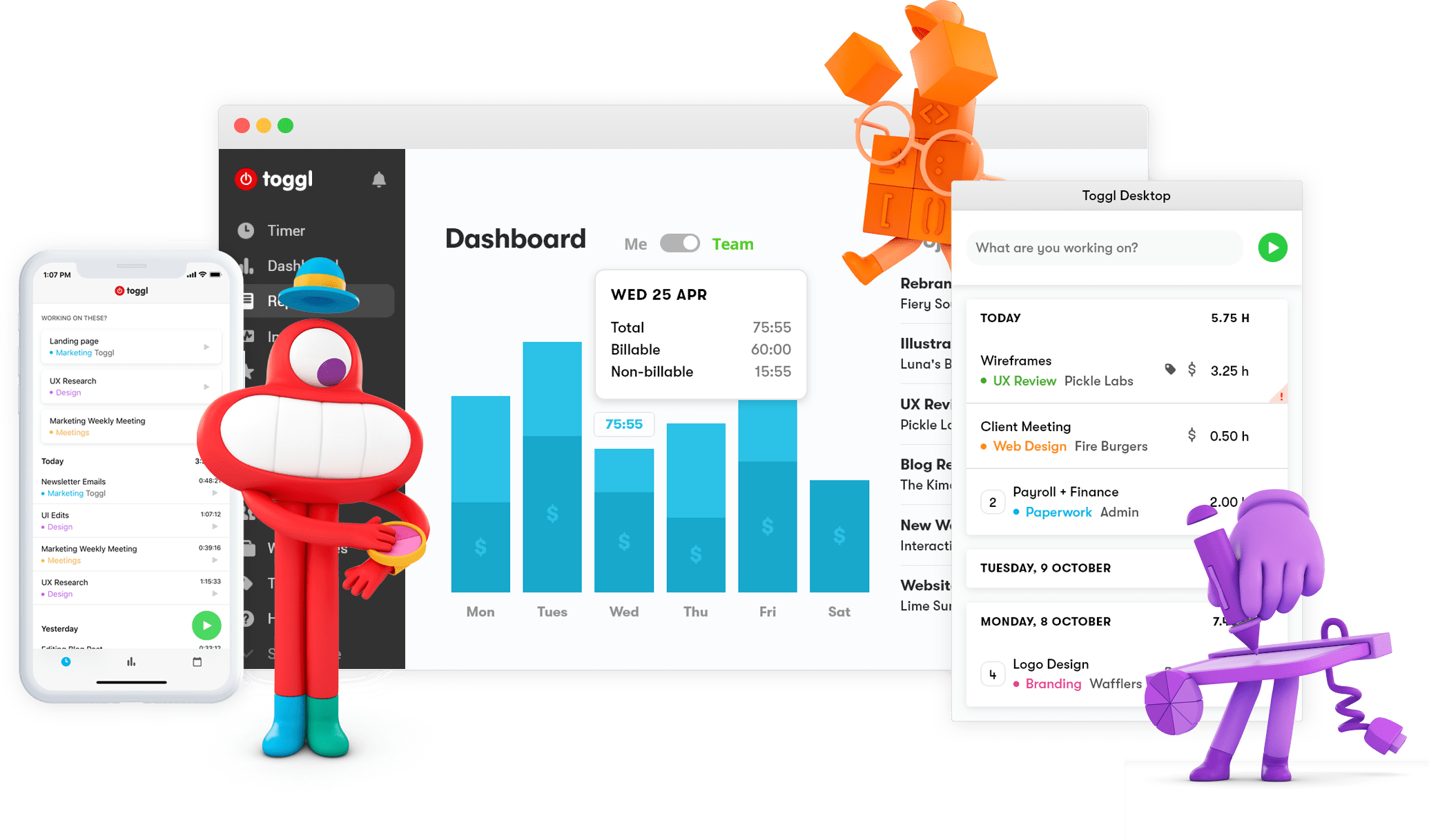 Toggl dashboard displaying time tracking data and project metrics.