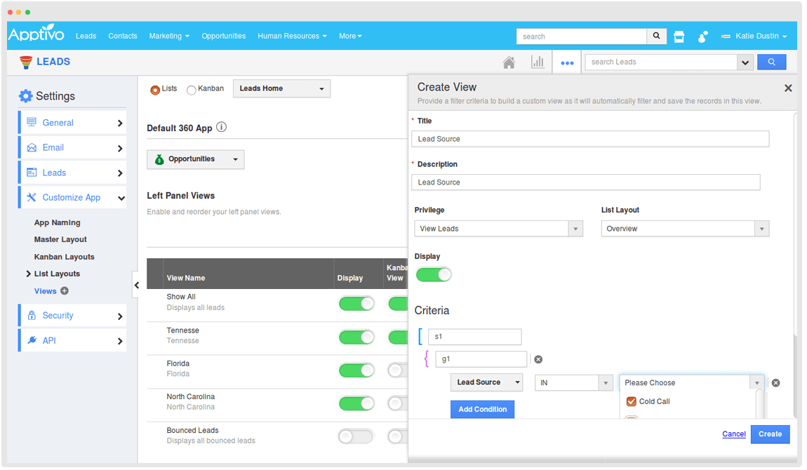 Apptivo showing the process of creating a custom view for leads.