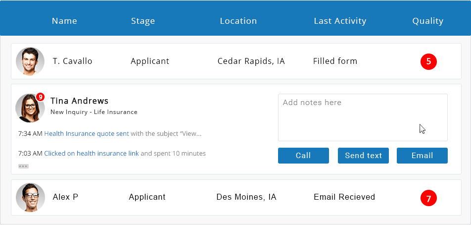 CRM for insurance companies showing applicant status and communication history.